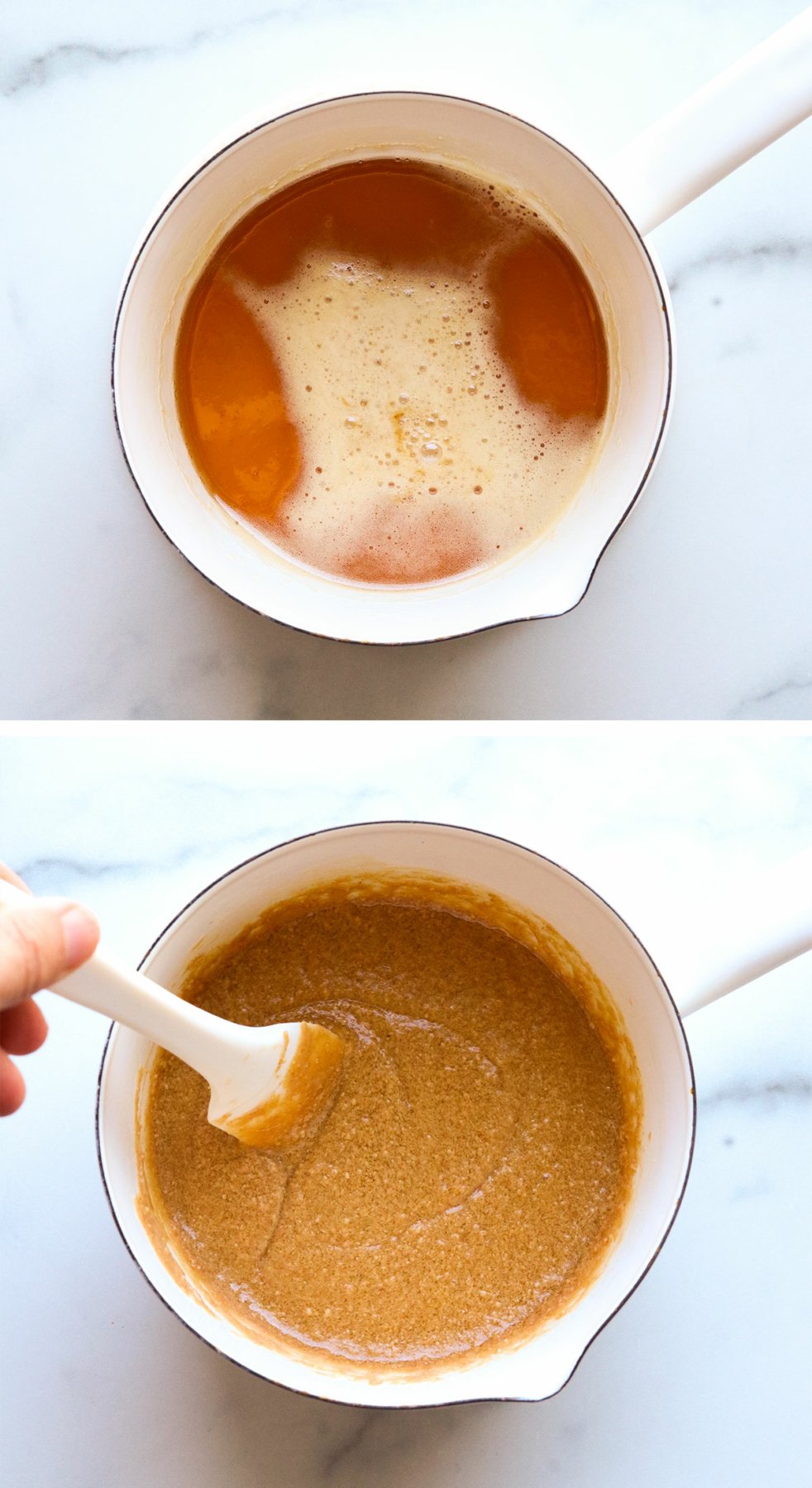 honey boiled in white saucepan with peanut butter stirred in.