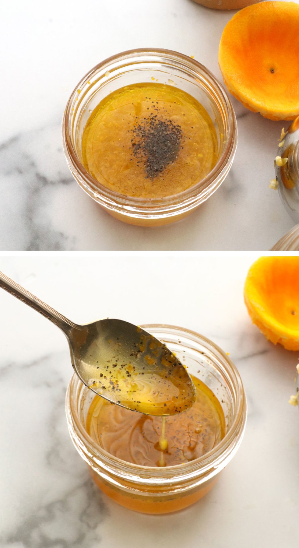 orange dressing mixed together in a glass jar with a spoon.