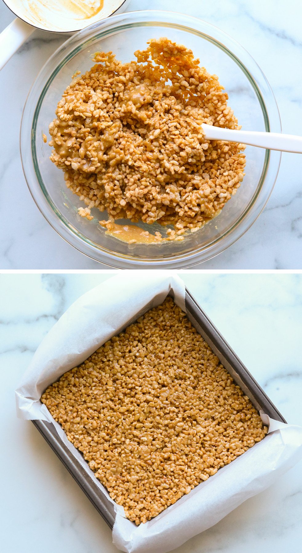 peanut butter stirred into cereal and pressed into pan.