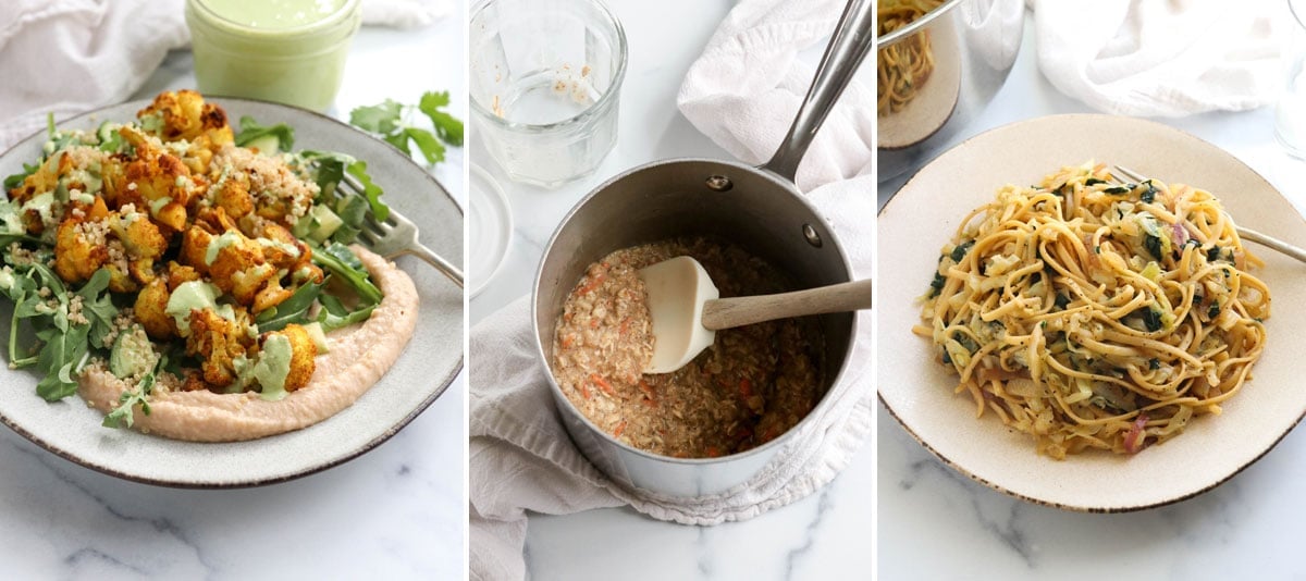 cauliflower shawarma, oatmeal, and black pepper noodles